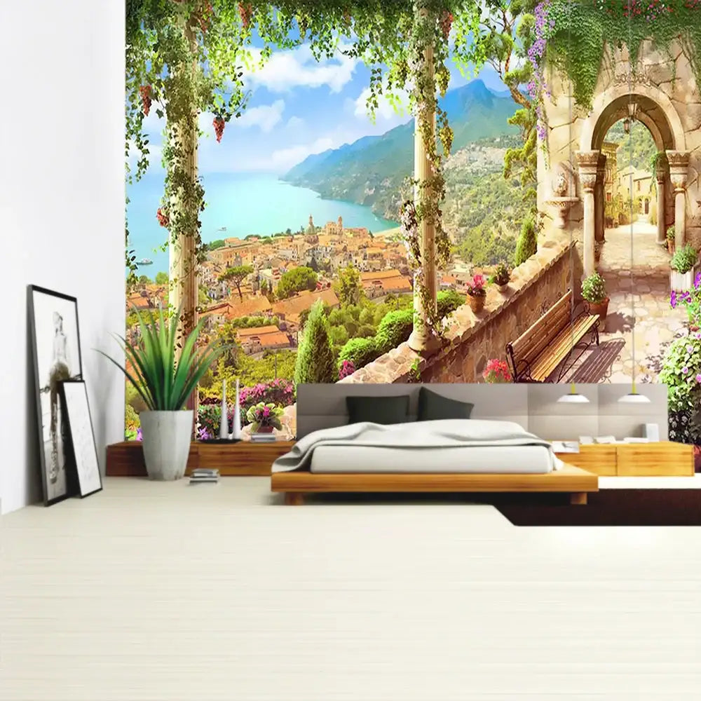 A boho green plant landscape tapestry featuring a vibrant sunlit italian village decor with lush greenery