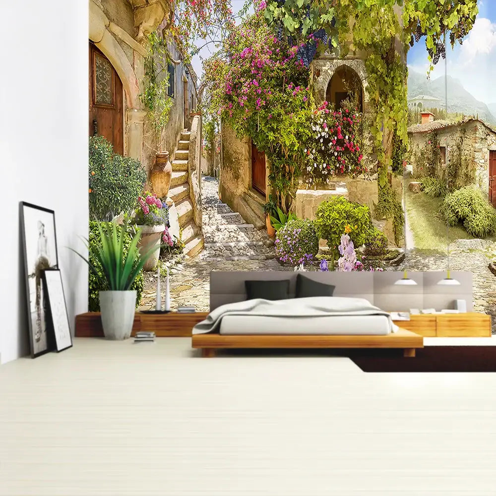 A boho green plant landscape tapestry decorbites bedroom features a wooden bed and italian village wall mural