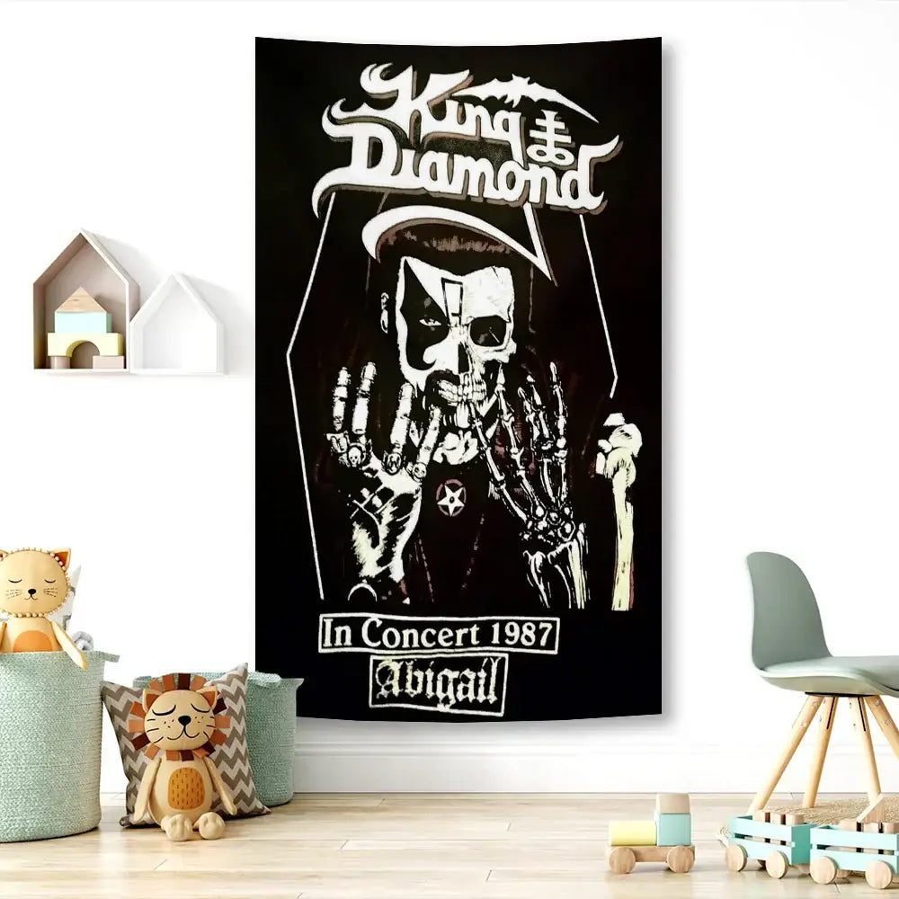Boho hippie king diamonds black king diamond tapestry with white skeletal figure and gothic lettering decorbites wall decor