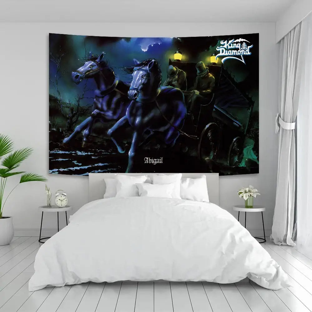 Dark blue and black boho hippie king diamonds tapestry with moonlit horse carriage scene for bedroom wall decorbites boho hippie