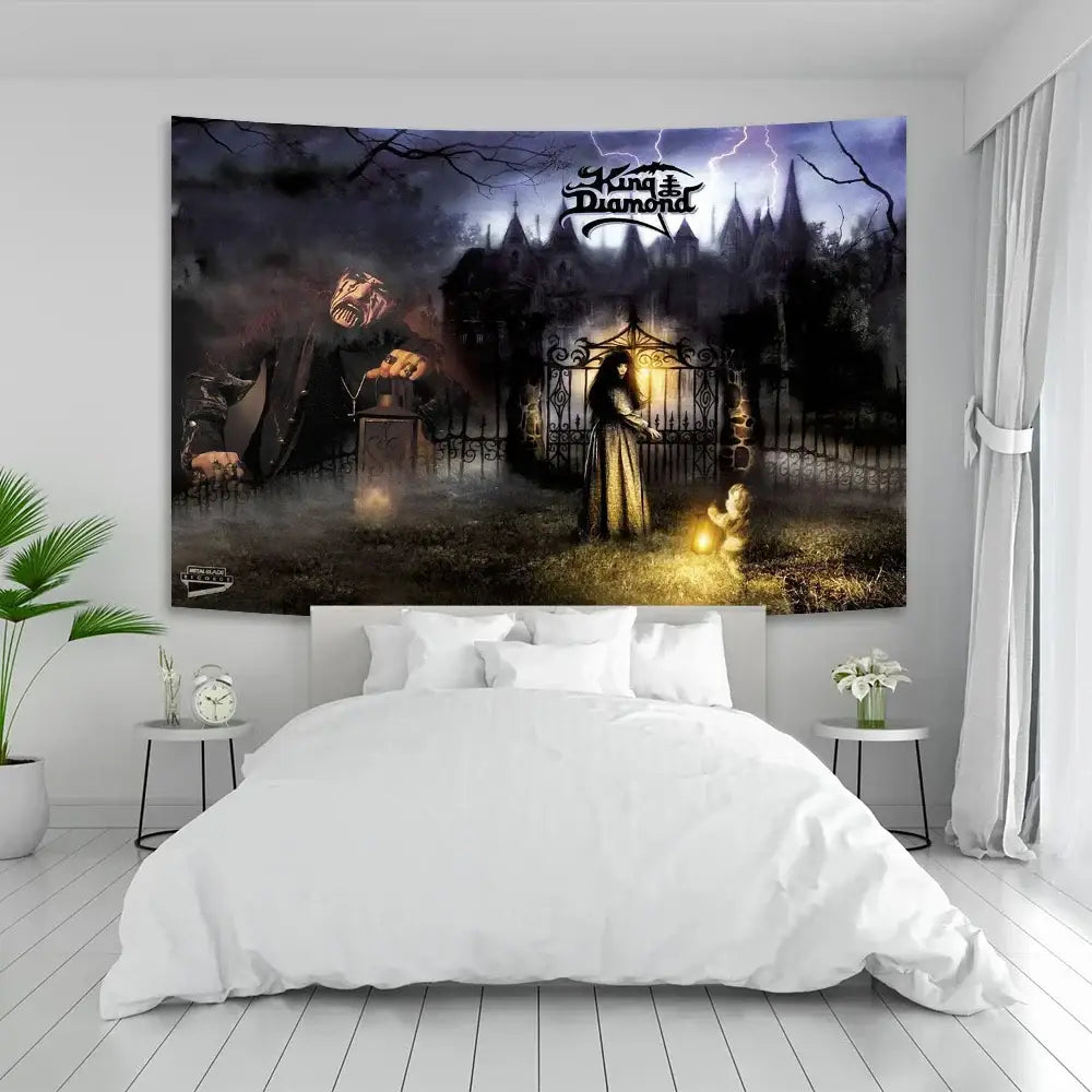 Boho hippie king white and red tapestry featuring gothic king diamond decorbites design with castle and lightning scene