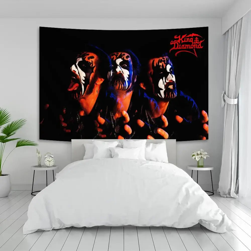 Black king diamond band tapestry with three members and dramatic face paint in red and white boho hippie king decorbites wall decor