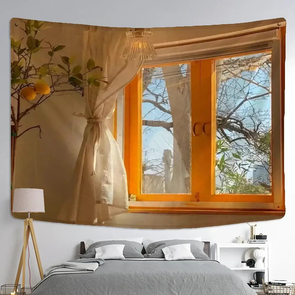 Beige decorbites boho hippie wall tapestry with orange window and citrus branches for bedroom decor