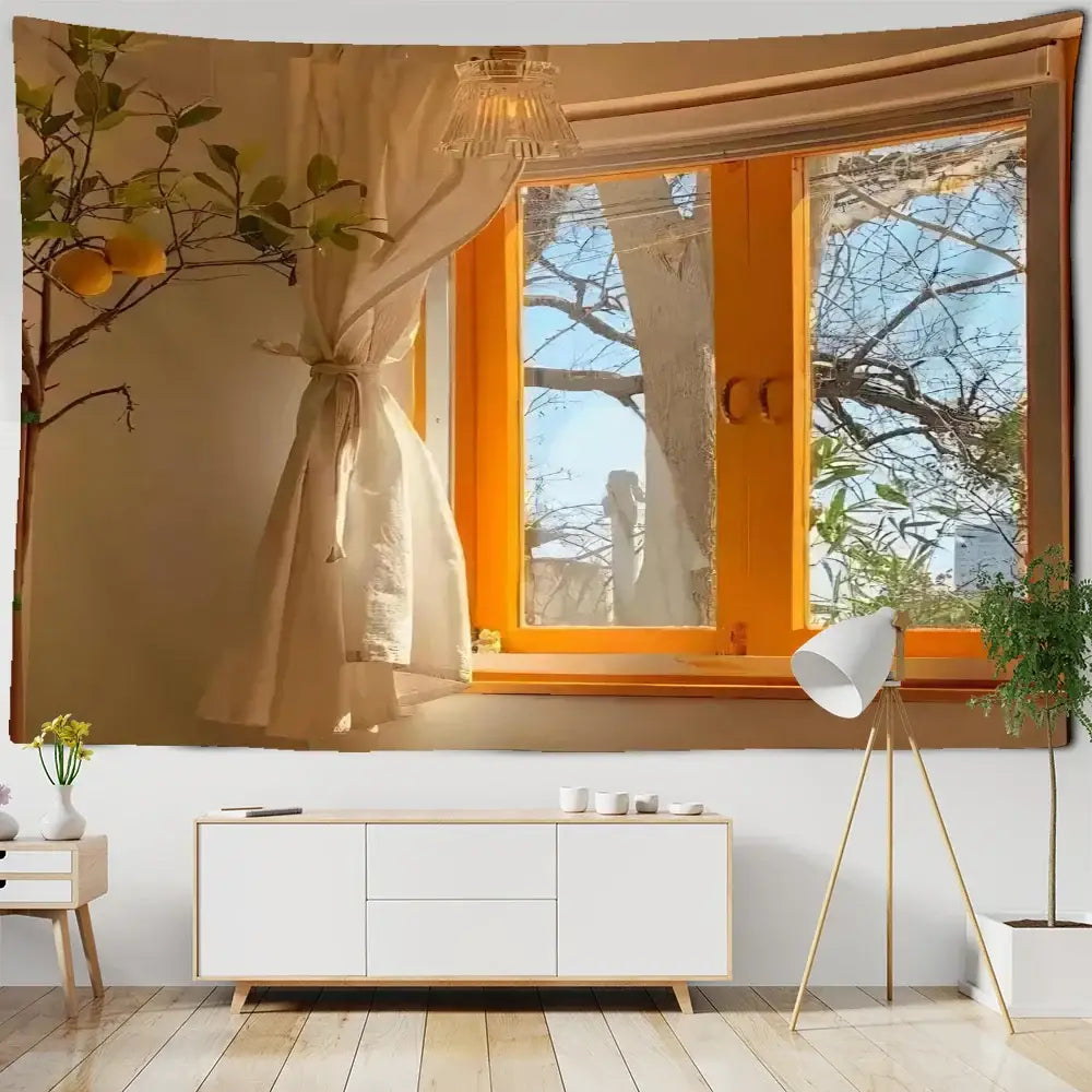 Beige decorbites boho hippie wall tapestry with orange window view and citrus branches above white cabinet for bedroom decor