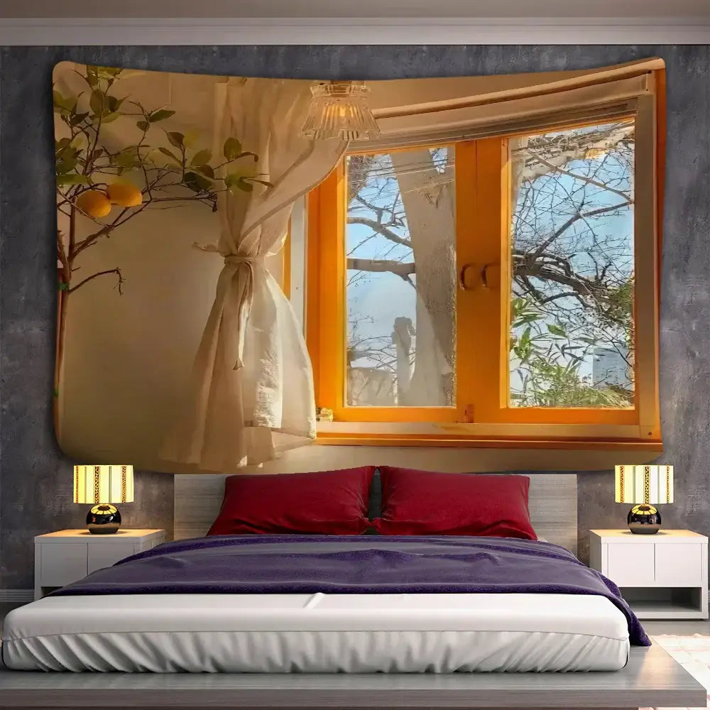 Orange-framed boho hippie wall tapestry with sheer curtains and lemon tree branch for bedroom decorbites boho hippie decor