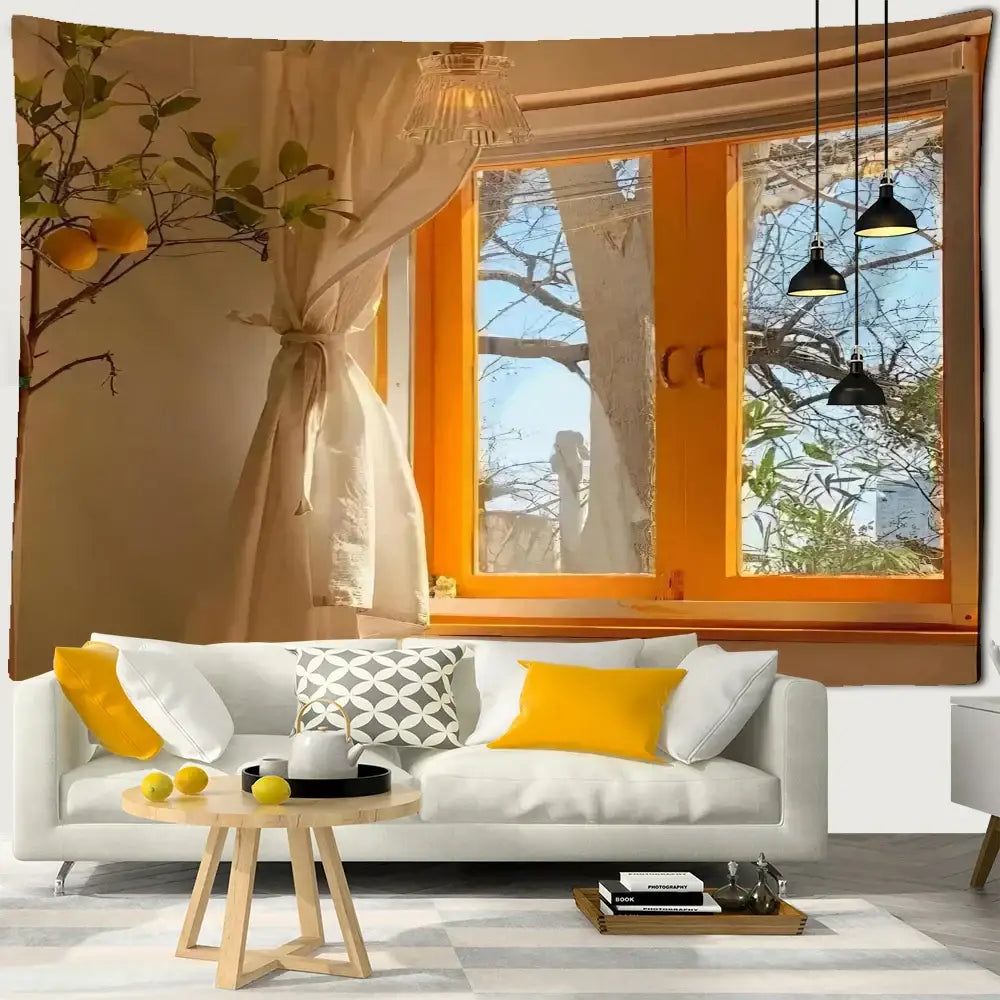 Orange-framed window with sheer curtains and hanging lights in decorbites boho hippie wall tapestry bedroom decor