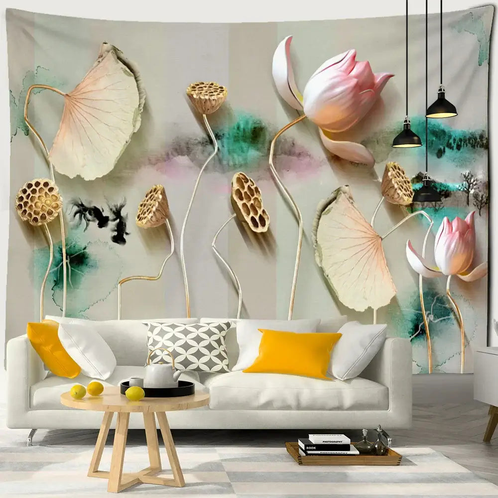 Boho ink lotus koi tapestry with 3d lotus and lily design on soft pink, cream, and teal watercolor decorbites ink lotus wall art