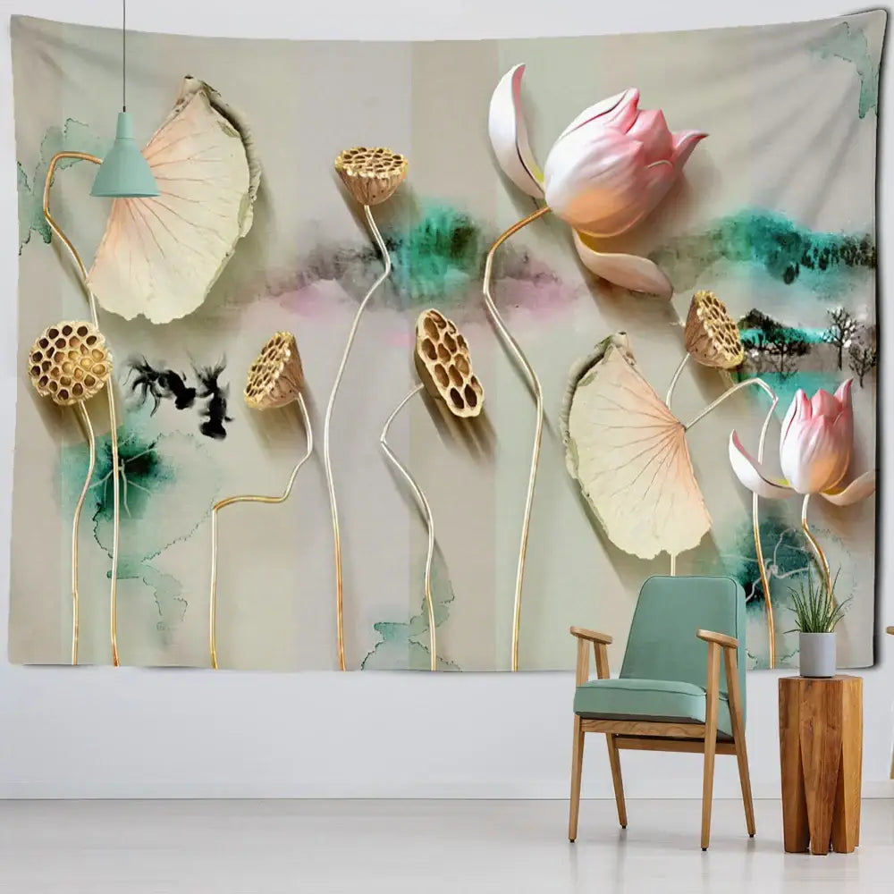 Boho ink lotus koi tapestry wall art featuring 3d pink and white lotus blossoms with golden seed pods on watercolor background