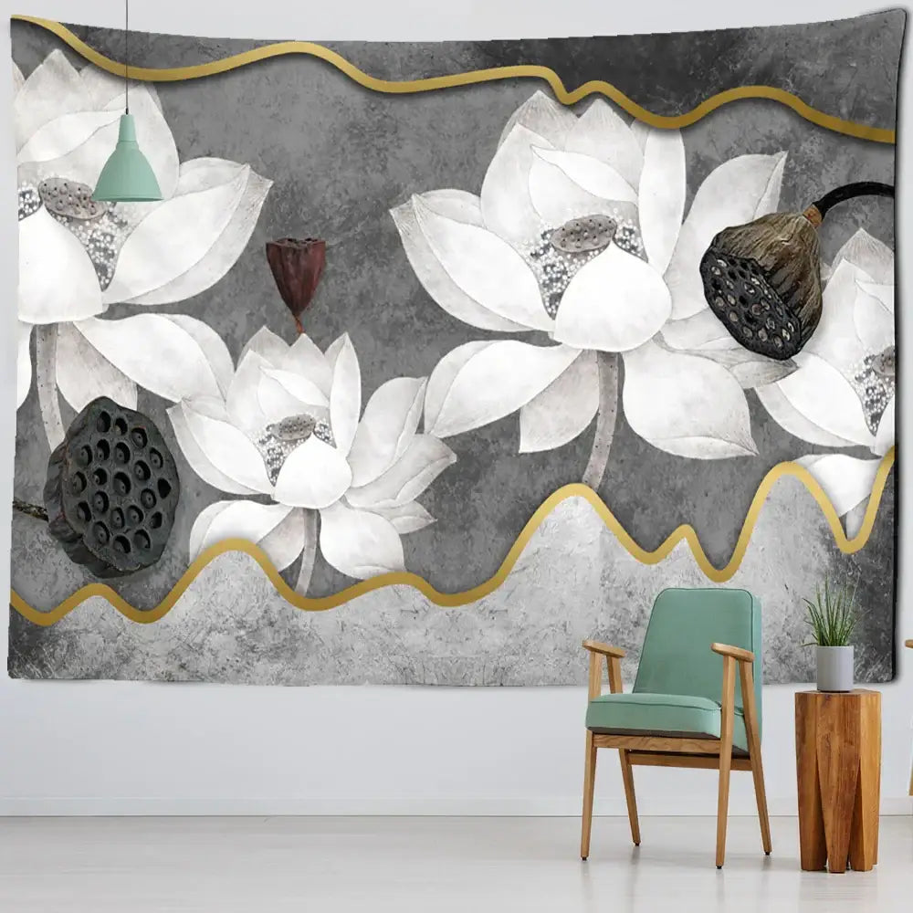 Boho ink lotus koi tapestry featuring white lotus flowers and gold accents on gray textured background wall decorbites ink lotus