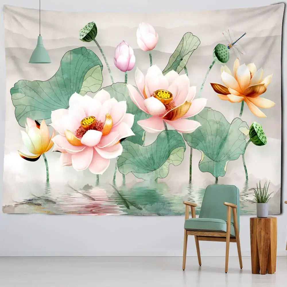 A soft watercolor-style lotus koi tapestry with pink and peach blossoms and green leaves for boho bedroom decorbites ink lotus wall art