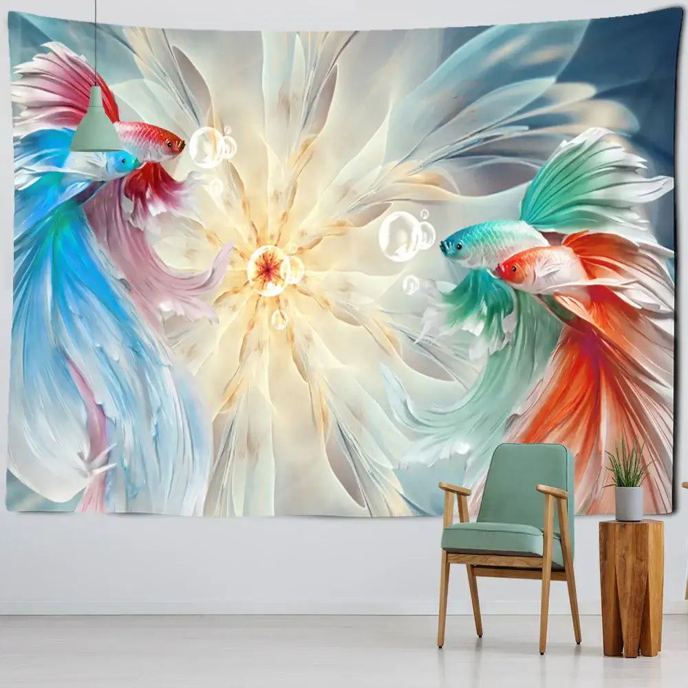 Vibrant boho ink lotus koi tapestry featuring flowing betta fish with iridescent blue red and teal fins for bedroom decorbites wall art
