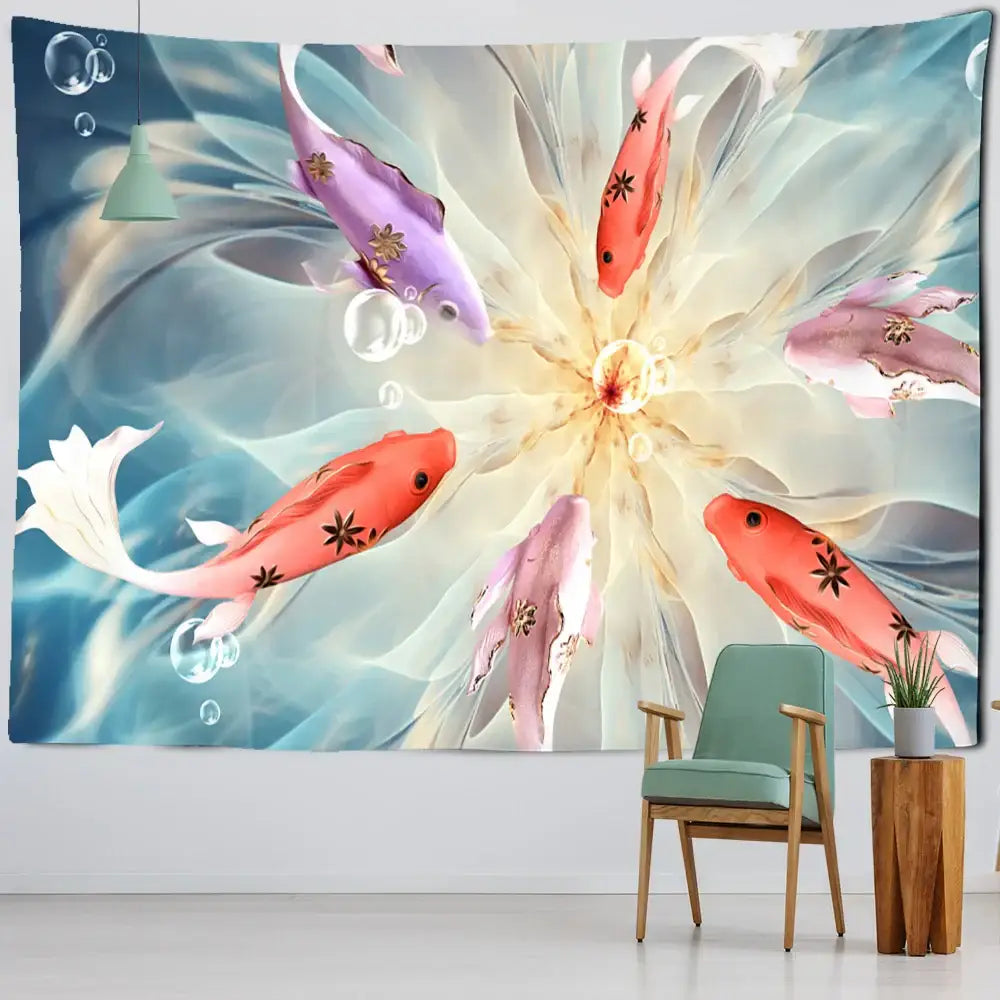 A vibrant boho ink lotus koi tapestry featuring colorful koi fish around a radiant floral center for bedroom wall decor