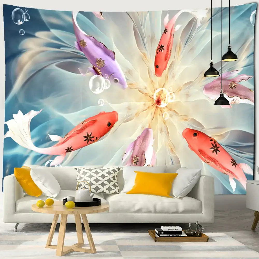 Boho ink lotus koi tapestry featuring vibrant multicolored scales and metallic stars for bedroom wall art decorbites ink lotus