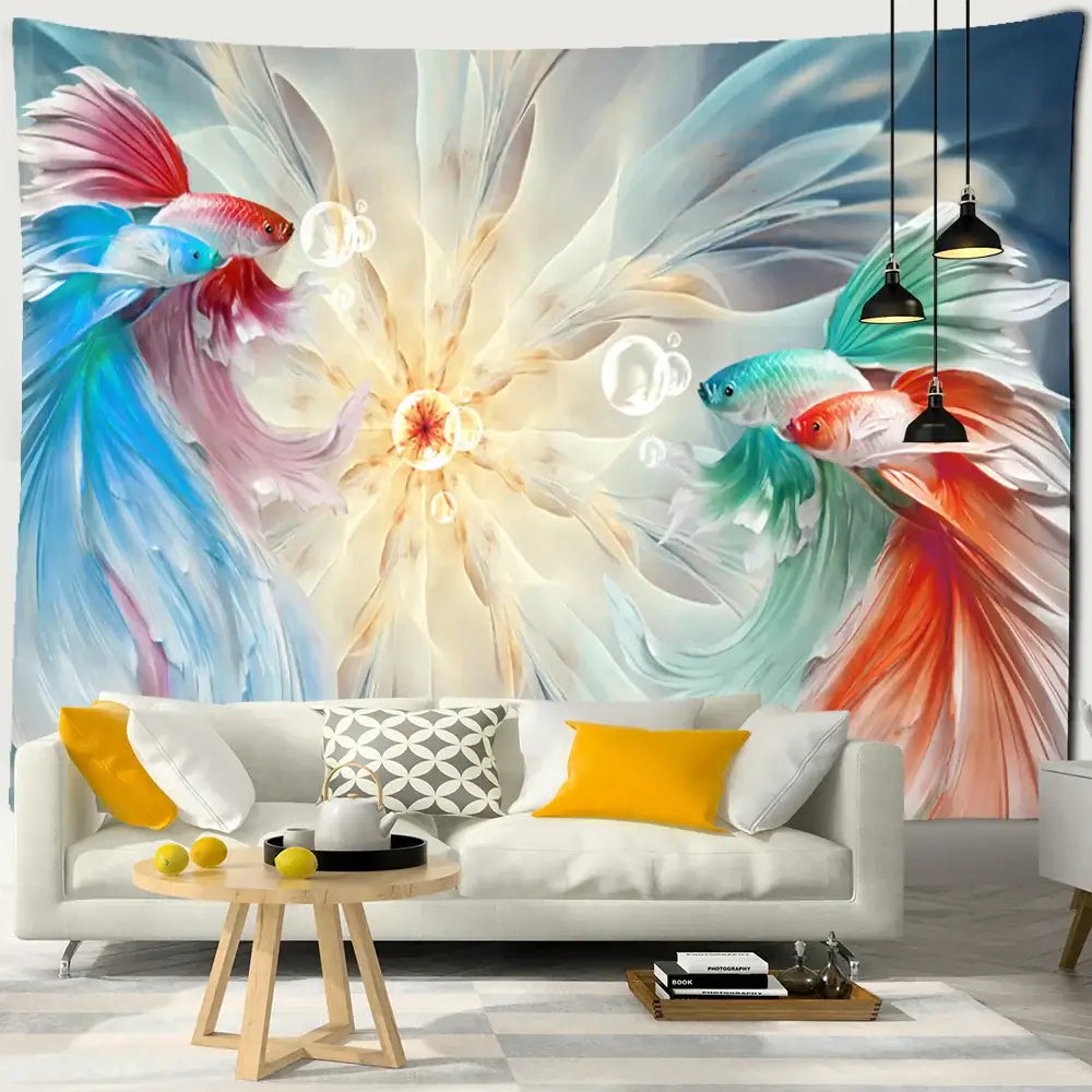 Boho ink lotus koi tapestry featuring vibrant multicolored betta fish with flowing fins and floral decorbites ink lotus backdrop