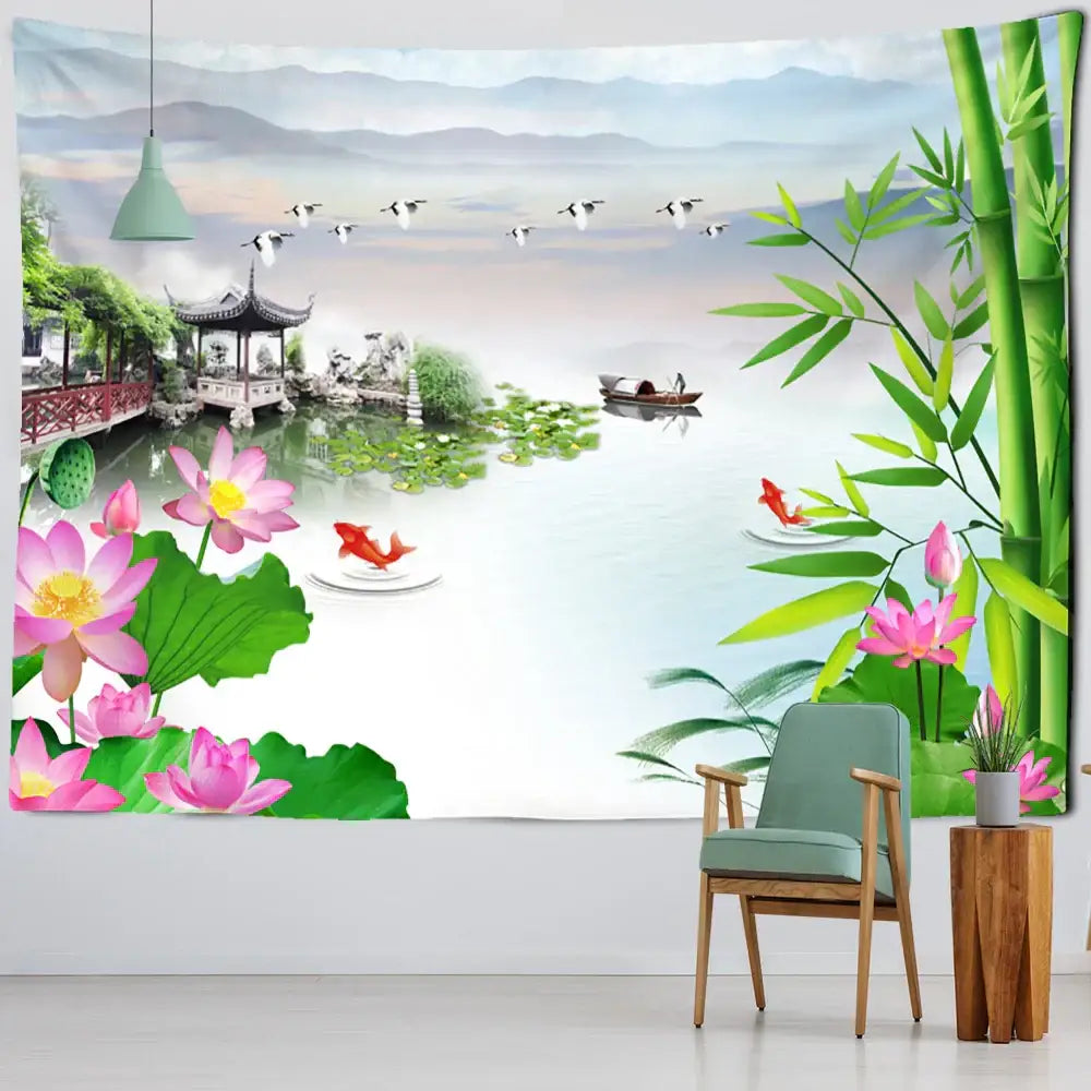 Boho ink lotus koi tapestry featuring pink lotus flowers green bamboo and red goldfish for bedroom wall art decorbites ink lotus