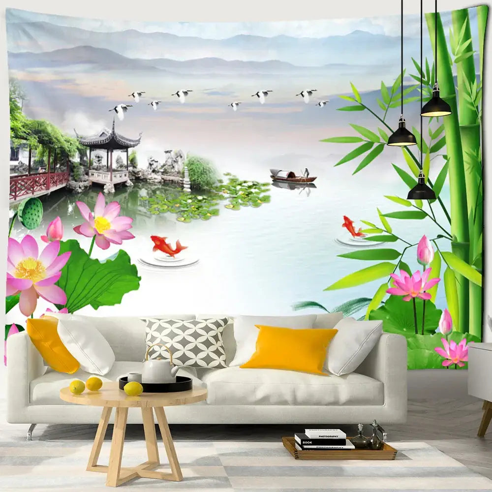 Boho ink lotus koi tapestry bedroom wall art featuring a vibrant lake with pink lotus flowers and red koi fish decorbites ink lotus