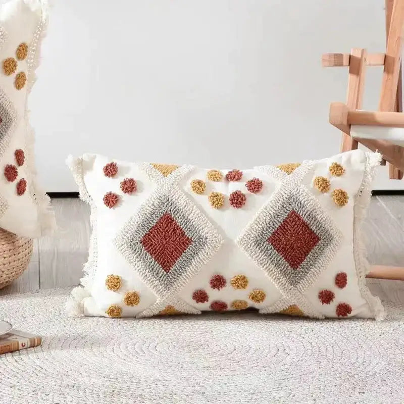 Boho ivory brown tufted pillow cover with geometric texture and rust mustard pom-poms for living room decorbites decor