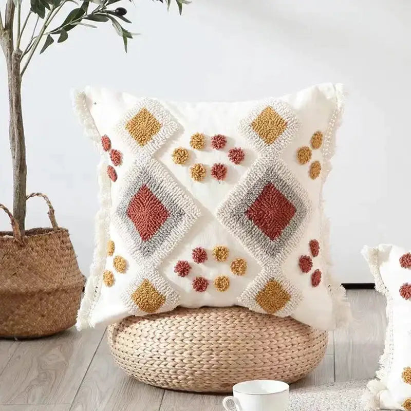 Boho ivory brown pillow cover with textured terracotta and mustard geometric patterns and frayed edges for living room decorbites decor