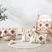 Set of four boho ivory brown pillow covers with geometric rust mustard and gray yarn embroidery decorbites boho ivory decor