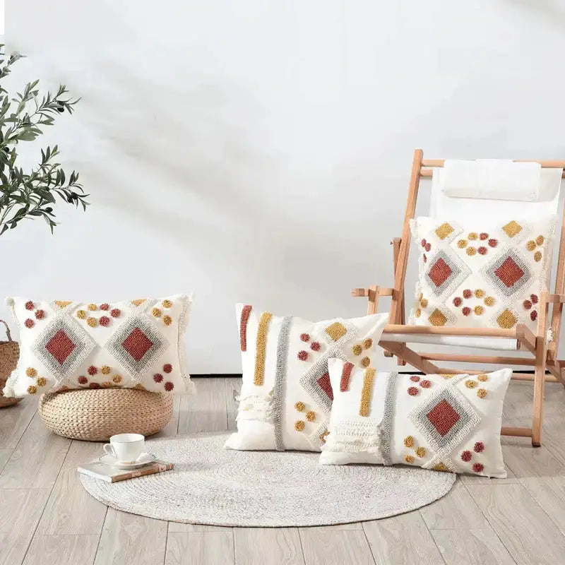 Set of four boho ivory brown pillow covers with geometric rust mustard and gray yarn embroidery decorbites boho ivory decor