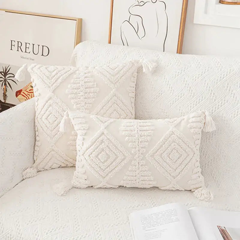 Cream-colored textured cushion cover with geometric embroidery and tassel accents decorbites ivory cotton loop pillow
