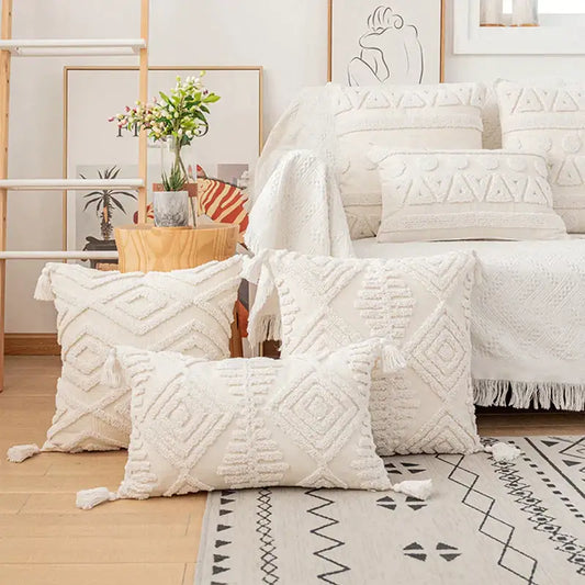 Cream-colored boho ivory cotton loop cushion cover with geometric embroidery tassels for living room decorbites ivory cotton