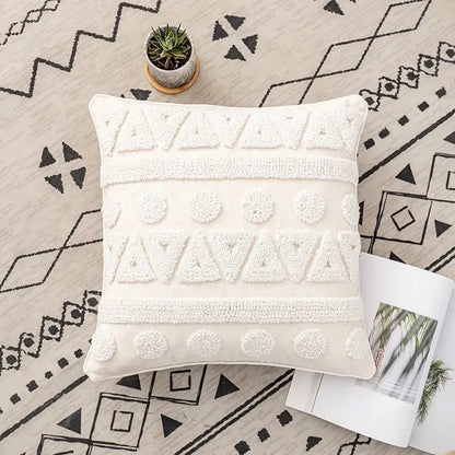 Cream-colored boho ivory cotton loop cushion cover with textured white yarn geometric patterns for living room decorbites decor