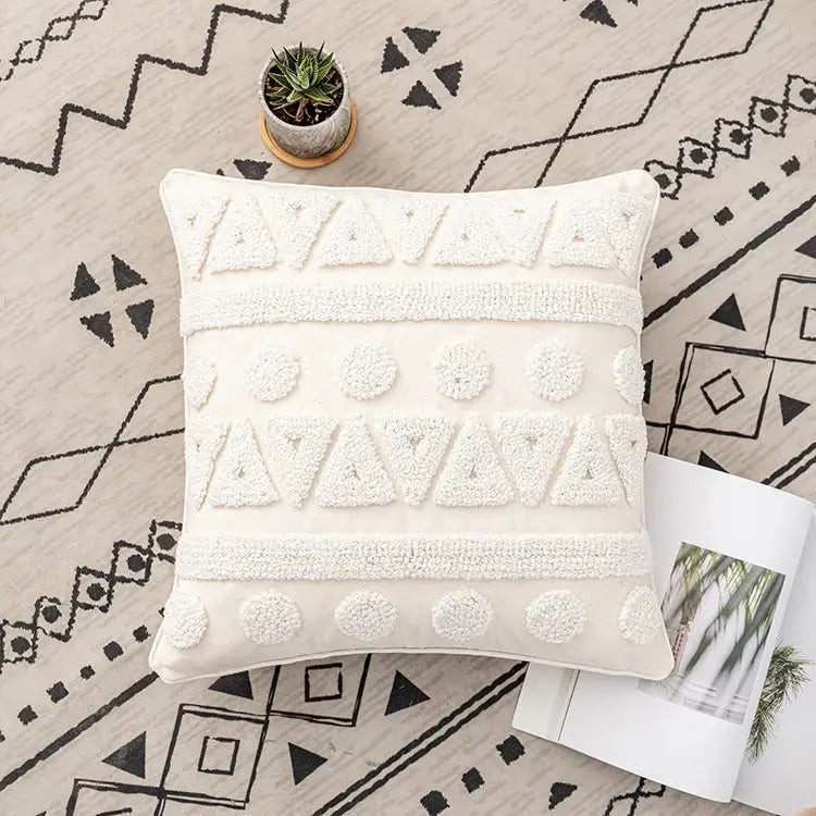 Cream-colored boho ivory cotton loop cushion cover with textured white yarn geometric patterns for living room decorbites decor