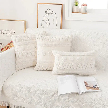 Set of three off-white textured geometric embroidered throw pillows featuring decorbites ivory cotton loop cushion covers