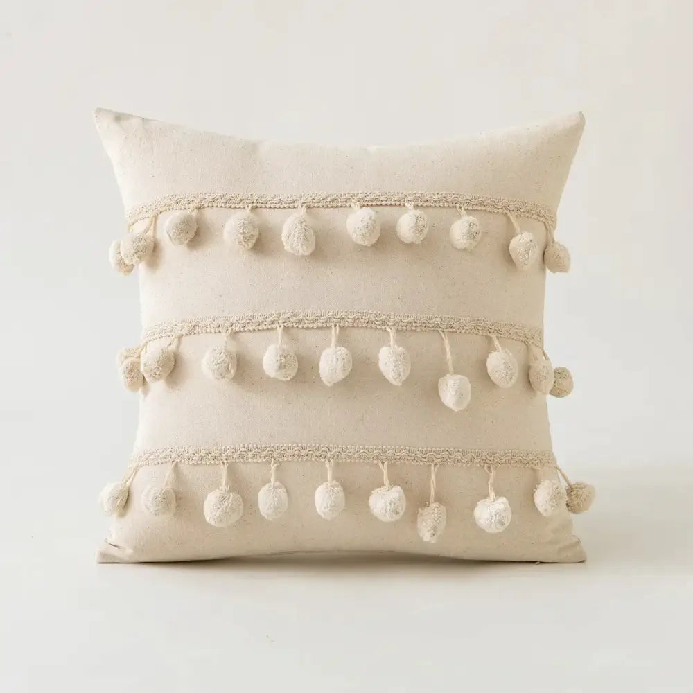 Beige cotton boho ivory cushion cover with cream pom-poms and lace trim for living room decorbites ivory cushion