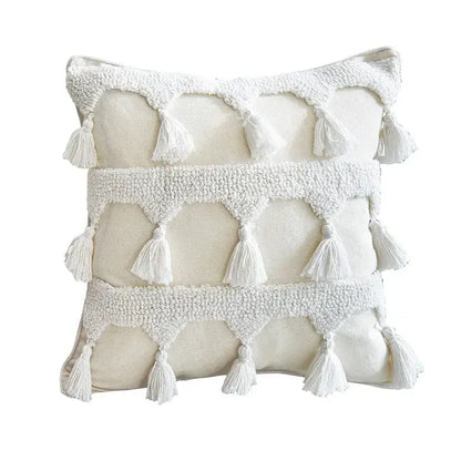 Cream-colored boho ivory tufted tassel cushion cover with three white textured horizontal tassel bands for living room decor