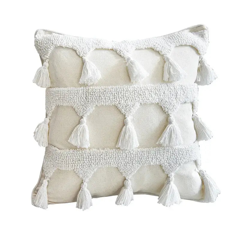 Cream-colored boho ivory tufted tassel cushion cover with three white textured horizontal tassel bands for living room decor