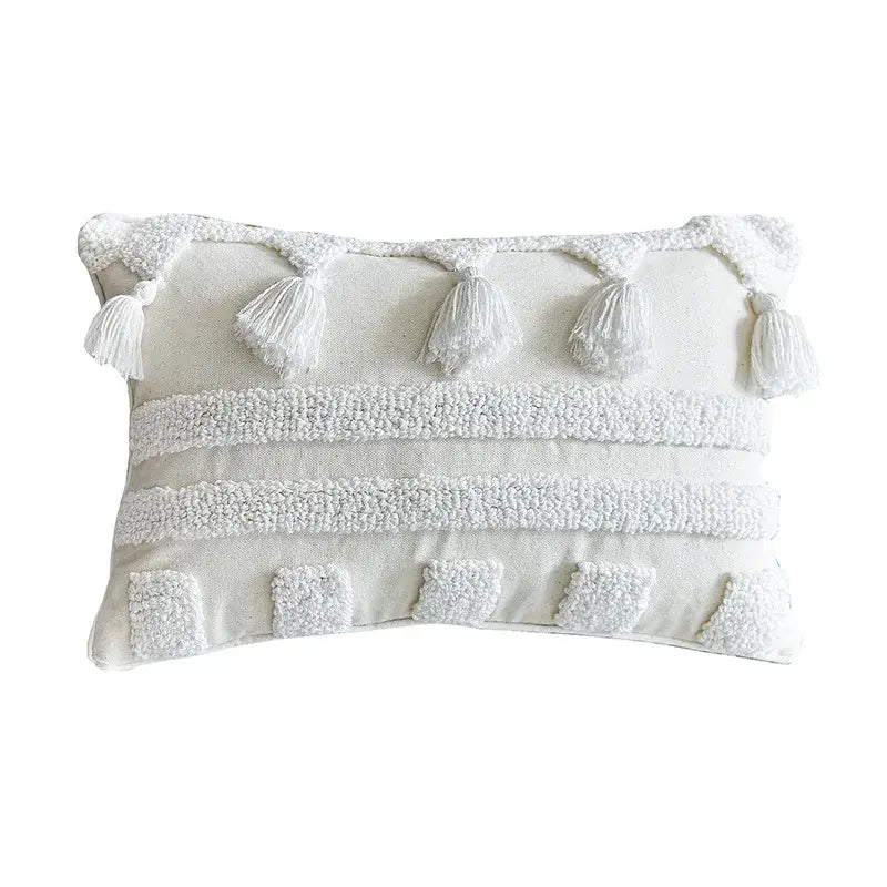 White rectangular cushion cover with ivory tufted tassel texture and woven decorbites ivory tufted design for living room decor