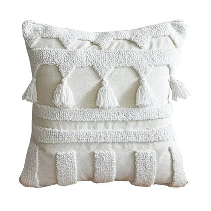 Boho ivory tufted tassel cushion cover with layered embroidered patterns and textured decorbites ivory tufted design