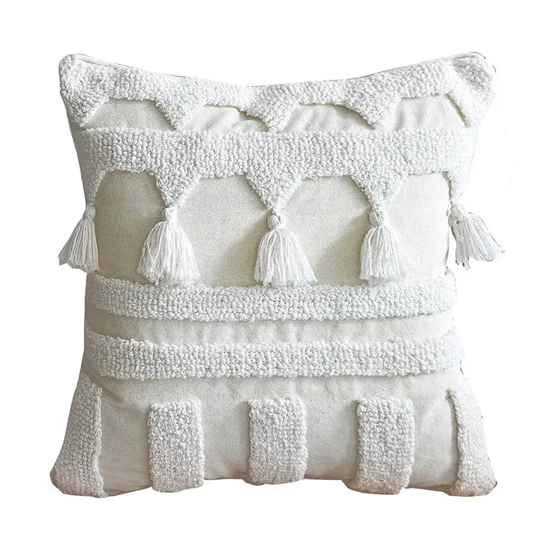 Boho ivory tufted tassel cushion cover with layered embroidered patterns and textured decorbites ivory tufted design