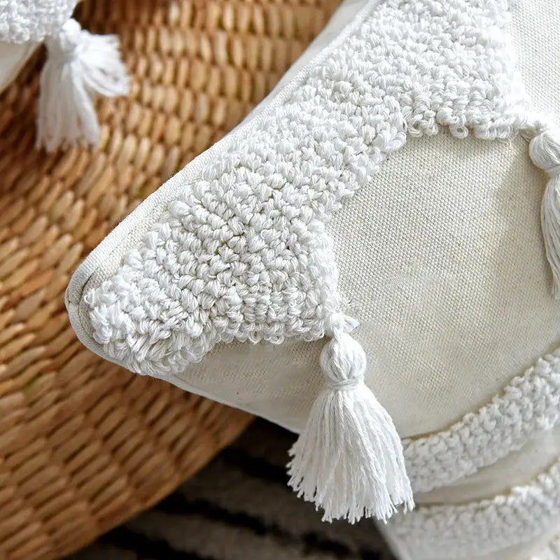 Boho ivory tufted tassel cushion cover with white textured fabric chunky knit border and matching tassels for living room decorbites ivory tufted