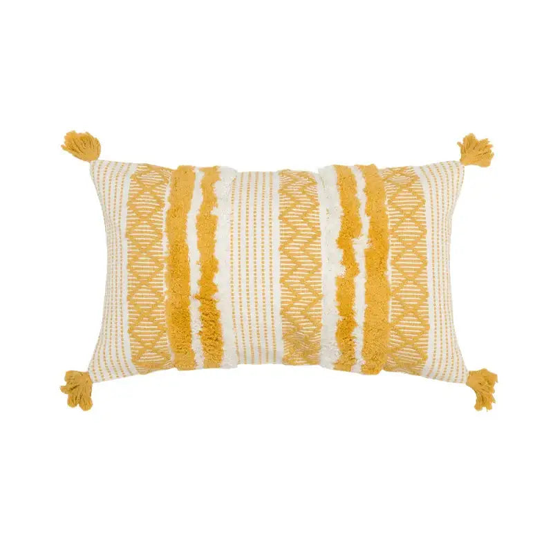 Rectangular mustard and white woven boho jacquard cushion cover with textured stripes tassels for living room decorbites boho jacquard