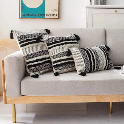 Three black and white woven throw pillows with tassels as decorbites boho jacquard cushion cover for living room decor