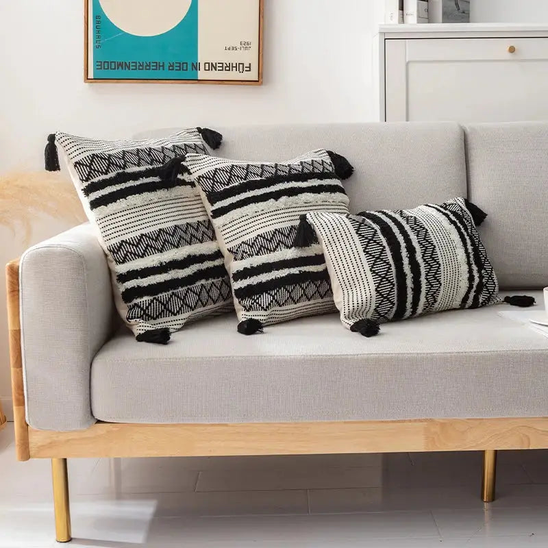 Three black and white woven throw pillows with tassels as decorbites boho jacquard cushion cover for living room decor
