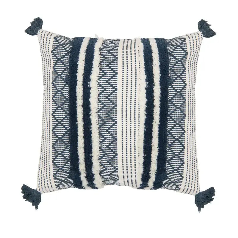 Navy and cream striped woven throw pillow with tassels boho jacquard cushion cover for living room decorbites boho jacquard