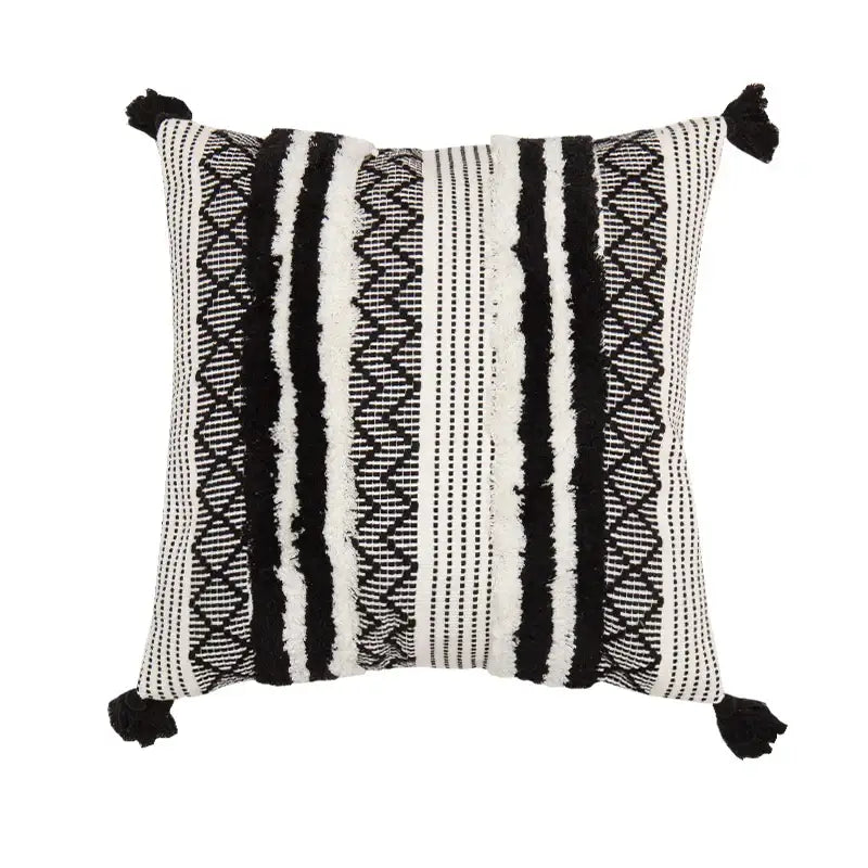 Black and white woven cushion cover with textured stripes geometric patterns and tassels decorbites boho jacquard cushion