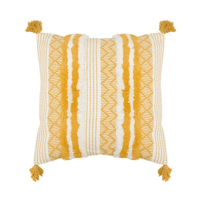 Cozy square boho jacquard cushion cover in mustard yellow and cream with woven vertical stripes and tassels by decorbites