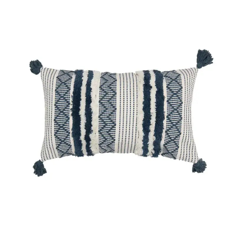 Rectangular navy blue and off-white woven striped cushion cover with diamond patterns and frayed tassels for boho jacquard decorbites