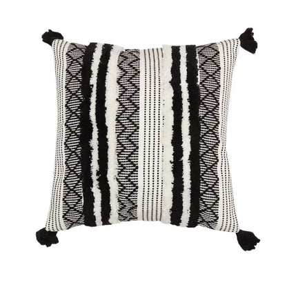 Black and white woven decorbites boho jacquard cushion cover with textured stripes geometric patterns and tassels