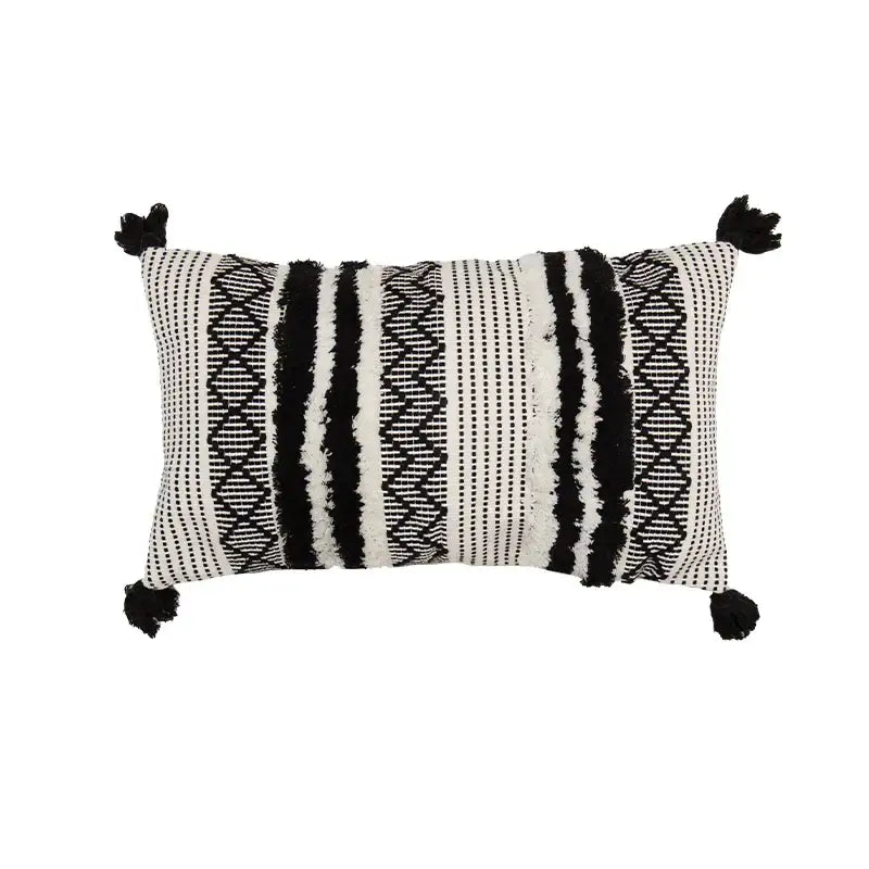 Black and white woven rectangular cushion cover with tassels decorbites boho jacquard cushion for living room decor