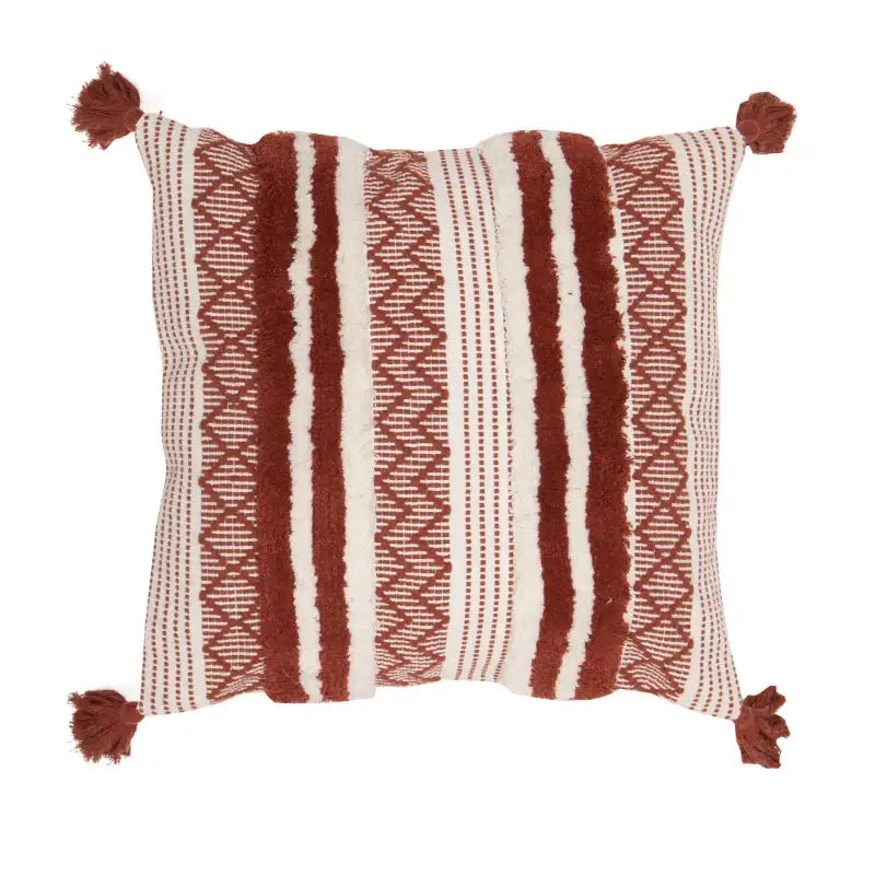 A terracotta and cream striped square throw pillow with woven texture and tassels, decorbites boho jacquard cushion cover