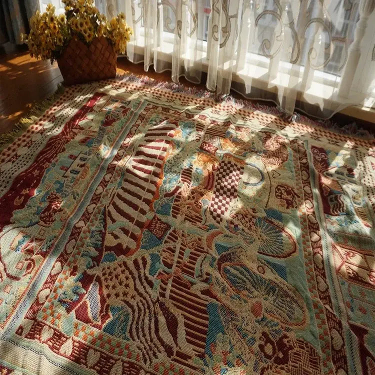 Boho jacquard knit throw blanket featuring a vibrant tapestry pattern in red cream for stylish living room decor