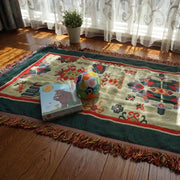 Boho jacquard knitted throw blanket with colorful patterns and green border woven rug for living room decor