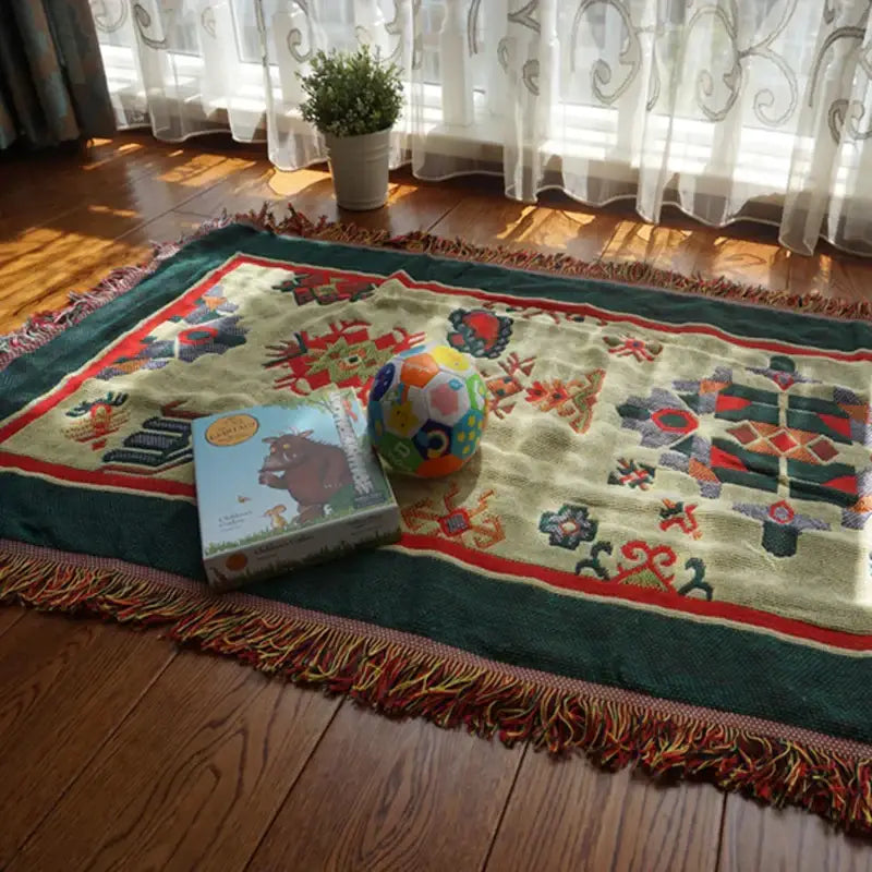 Boho jacquard knitted throw blanket with colorful patterns and green border woven rug for living room decor