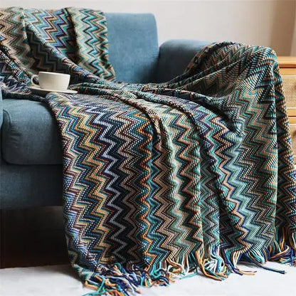 Cozy decorbites boho knitted striped throw blanket with multicolored zigzag pattern and fringed tassels for living room decor